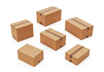 Fototapeta premium Six uniform cardboard boxes arranged in a scattered formation