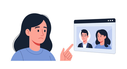 Fototapeta premium A young woman pointing at a computer screen showing profiles of a man and a woman. EPS Editable. Vector Illustrations.