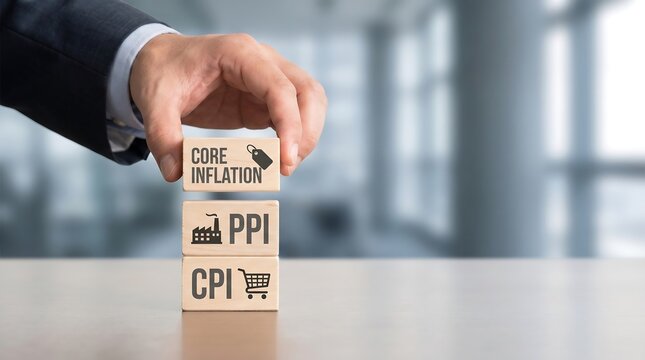 Businessman holding wooden block with core inflation on top of PPI and CPI blocks on table