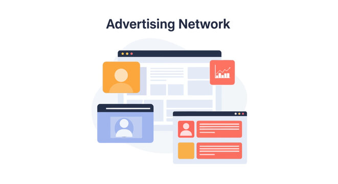 Advertising network illustration showing digital marketing platforms and online ad spaces. EPS Editable. Vector Illustrations.