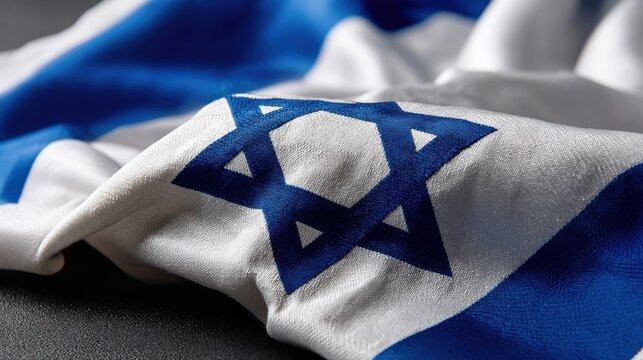 A close-up view of the blue and white Israeli flag, with the Star of David at its center. 