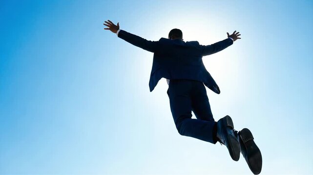 A businessman jumps high into the blue sky with his arms outstretched.