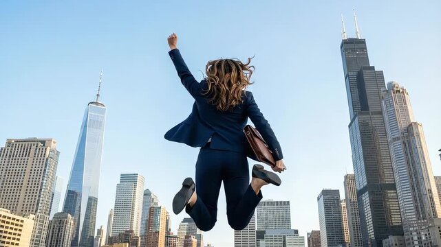 The back of a woman powerfully jumping with her fist raised in front of a big city.