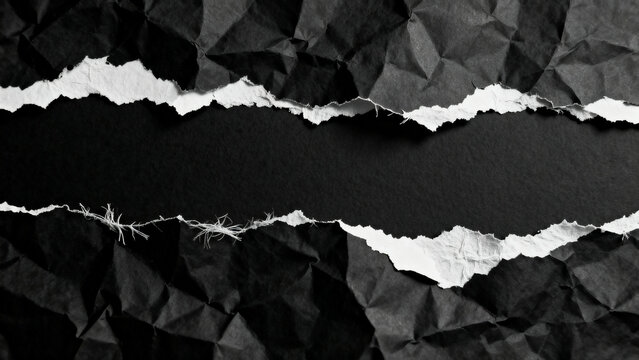 Textured black ripped paper background with crumpled details, forming a horizontal banner frame with ragged edges, ideal for distressed graphic design or abstract overlays