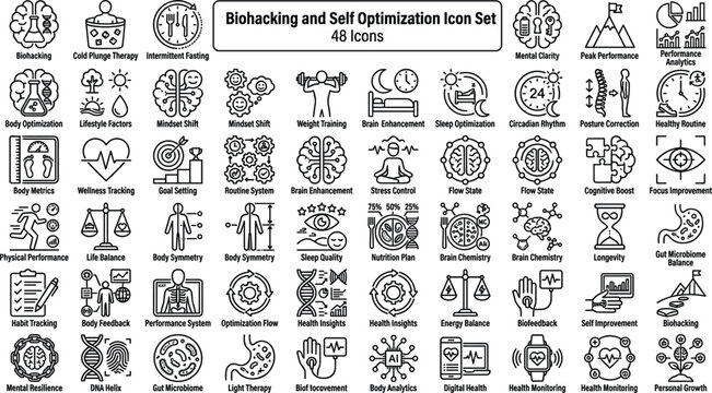 Biohacking and Self Optimization Icon Set Featuring Wellness, Brain Health, Sleep Tracking, Productivity, Fitness and Lifestyle Improvement Concepts