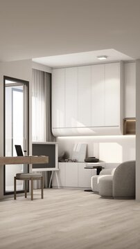 Minimalist condo interior animation showing an empty room transforming into a fully furnished modern living space with built in cabinets, workspace and lounge area. creation living room vertical video