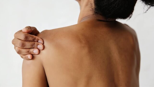 A woman massaging her stiff shoulders by pressing hard with her fingers.