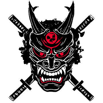 Japanese Oni Demon Mask with Crossed Katana Swords and Red Eyes