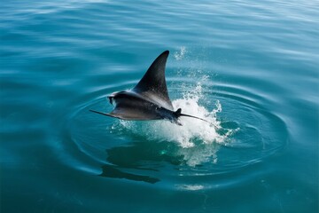 Fototapeta premium A manta ray leaps out of the ocean, creating a splash in clear blue water.