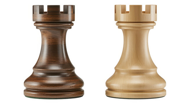 Wooden chess rook pieces, one dark and one light, isolated on a white background, board game