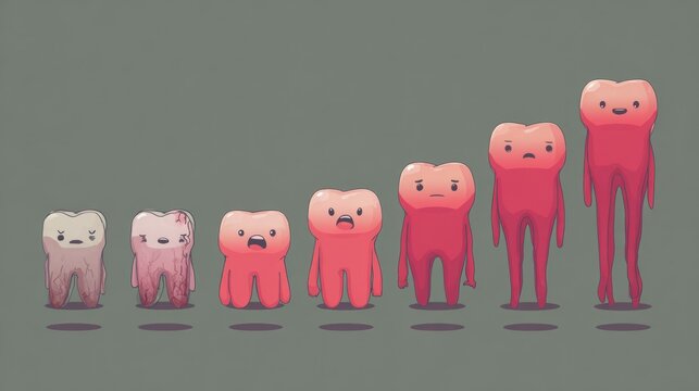 Seven cartoon teeth illustrate a progression from decay to health and growth