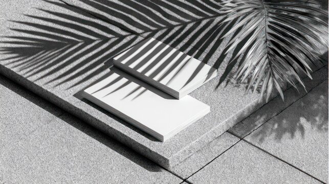 Stacked white rectangular forms rest on textured stone surfaces under strong illumination creating distinct shadow patterns.