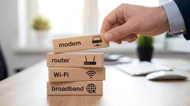 Hand holding wooden block with modem icon above stack of router WiFi broadband blocks on desk