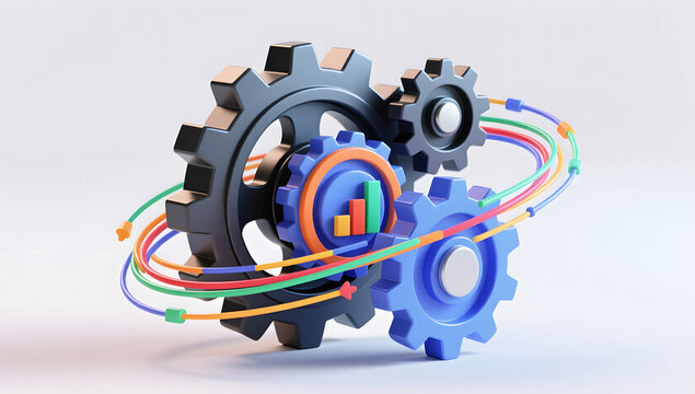3D render of workplace efficiency with gears and data flows