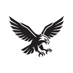 Obraz premium Stylized black eagle silhouette logo vector, flying bird of prey hawk swooping down with sharp talons 