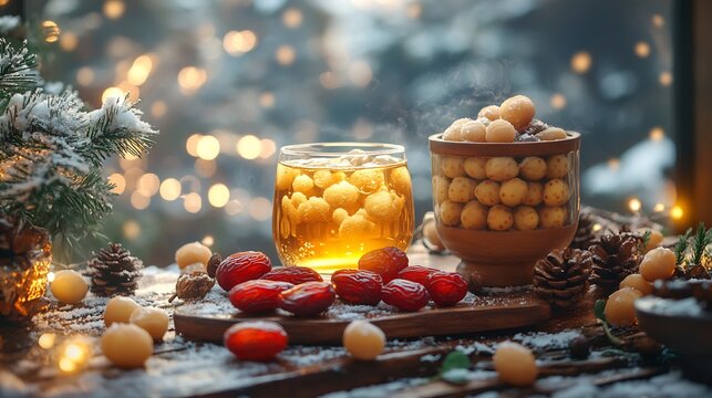 Winter solstice greeting with dried longan red dates and nuts paired with warm herbal drinks snow themed decorations and soft lighting