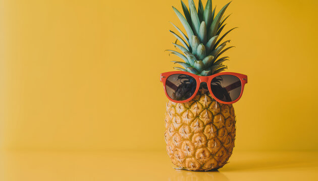 Whole pineapple wearing red sunglasses against a vibrant solid yellow background