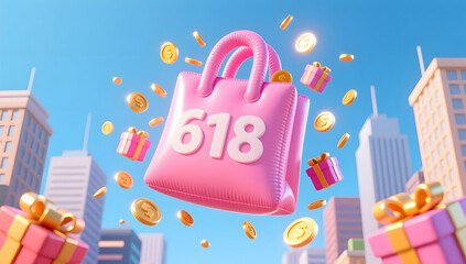 Fototapeta premium 618 Promotion shopping bag with coins for carnival