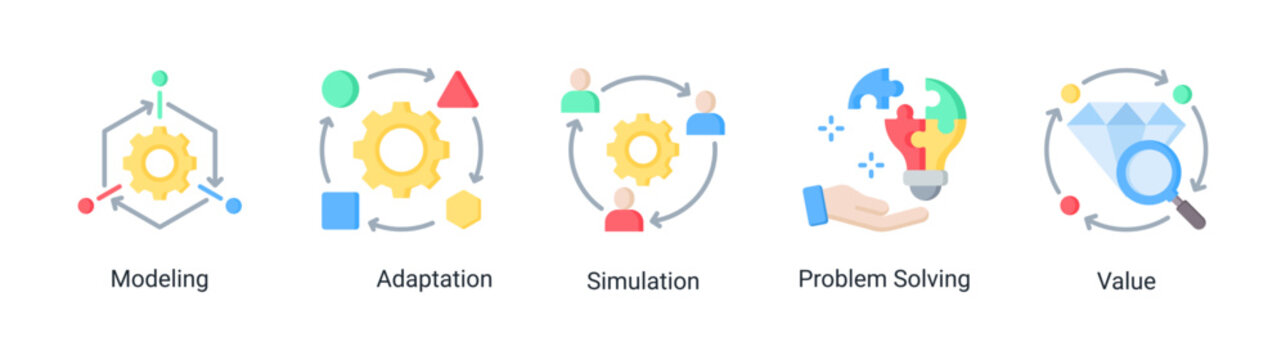 Process Management icon set featuring modeling,simulation,problem solving,and adaptation concepts.Perfect for business development,system design,and innovation.