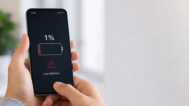 スマートフォンのバッテリー残量1％の警告表示と手元のクローズアップ｜低電力・電池切れ・充電不足・モバイルデバイスの電力問題