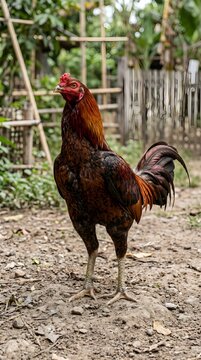 A highly realistic image of a Bangkok rooster standing on a dirt ground in a rural backyard environment. The rooster displays strong posture, muscular body, and detailed reddish-brown feathers. The ba
