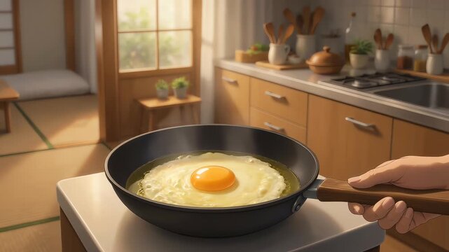 Fried Egg Sizzling in a Pan in Cozy Anime Style Kitchen