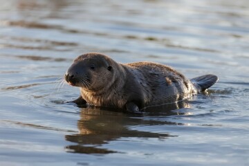 Naklejka premium A seal swimming in calm water, partially submerged with its head above the surface.