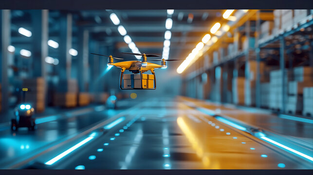 Futuristic automated warehouse with a delivery drone carrying a package, smart logistics and supply chain automation concept.