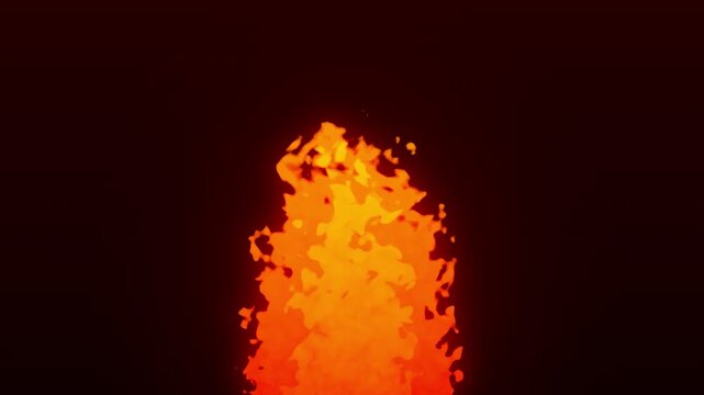 2D stylized fire animation burning with vibrant orange and yellow flames against a dark background for game design and motion graphics projects