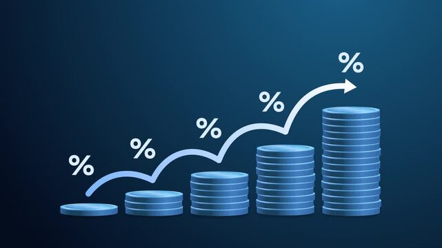 Interest rate and dividend concept. Stacked coins with percentage and upward arrow represent income, return, compensation fund, tax, stock market, and long term investment for retirement