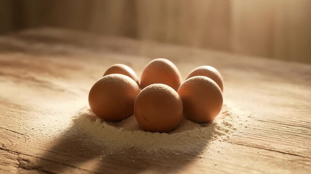 Flour dusting over brown eggs on a rustic wooden table