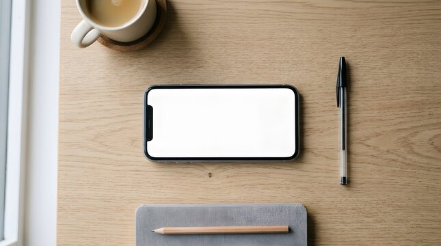 Top view of a modern smartphone with a blank screen, placed on a wooden desk with a cup of coffee, notebook, and pen
