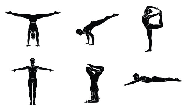 Silhouettes of people performing various yoga poses and acrobatic movements, showcasing flexibility and strength.