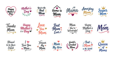 Naklejka premium Mother's Day typography bundle with hand drawn quotes Vector set of badges including Happy Mother's day, Queen of Moms, and Home is Mom Lettering design with crowns, hearts, and floral elements