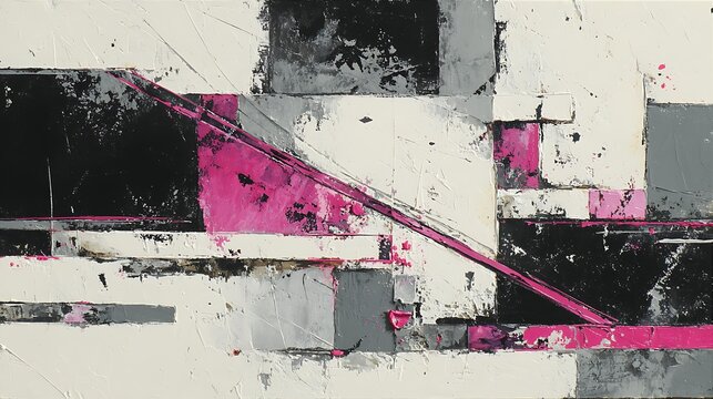 Bold abstract painting, geometric shapes with pink accents on textured canvas