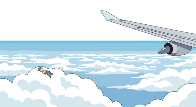 A tiny person sleeps peacefully on a fluffy white cloud drifting high above the atmosphere near the silver wing of a passing passenger jet airplane.