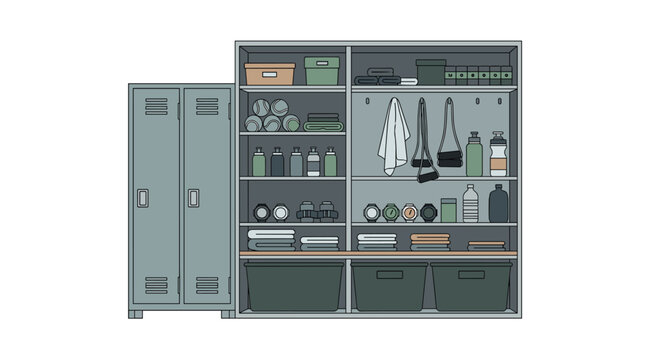A series of grey metal gym lockers stands beside open storage shelves filled with various fitness equipment and neatly folded towels in a clean locker room.