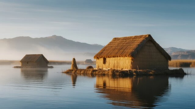 Traditional reed houses floating on a calm lake with mountains in the background at dawn