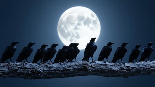 Silhouetted crows perched on a branch in front of a full moon