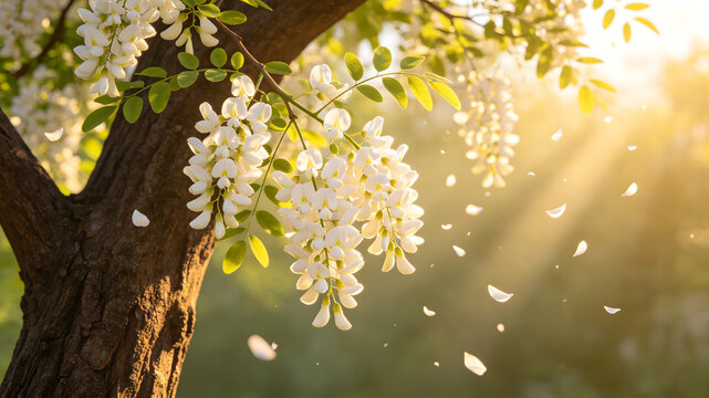 Snow-white locust flowers blooming on branches in early summer breeze