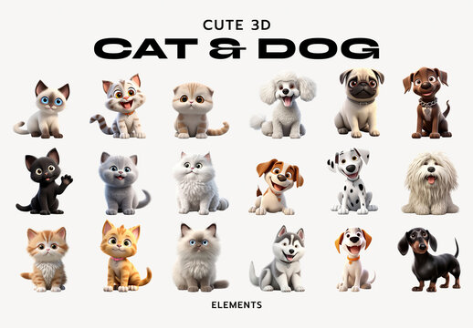 Adorable 3D Cat Dog Characters Element Set
