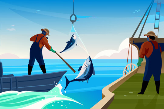 Longline Fishing Haul Scene With Fishermen Using