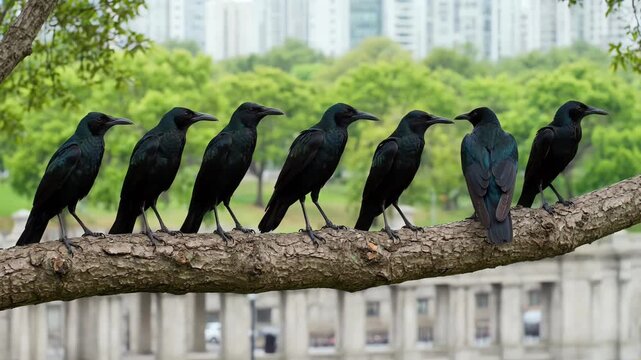 A row of black crows perched on a tree branch in an urban park