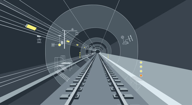 Digital interface tunnel view showing railway tracks overlaid with glowing navigation icons and yellow signal lights in a dark moody atmosphere.
