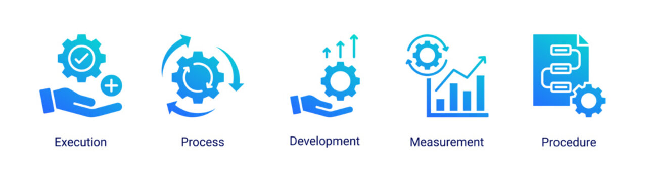 Process Management icon set featuring execution,development,measurement,and procedure concepts.Perfect for business systems,process control,and performance tracking.