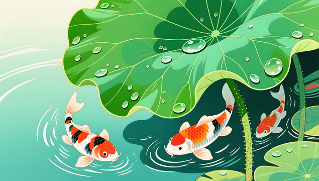 Guochao illustration of Start of Summer with lotus leaves and koi