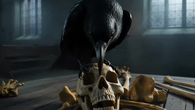 Black Raven Perched on Human Skull in a Dark Gothic Church
