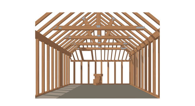 A construction site interior features exposed timber roof trusses and a frame skeleton under neutral indoor lighting with a monochromatic color palette of brown and grey tones.