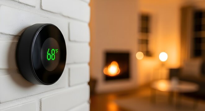 Modern smart thermostat displaying 68 degrees on a white brick wall in a cozy living room with a lit fireplace and warm lighting in the background.