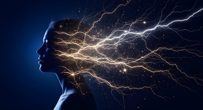 Woman's head with glowing lightning bolts and stars coming out of it, representing a creative and imaginative mind with a dark background